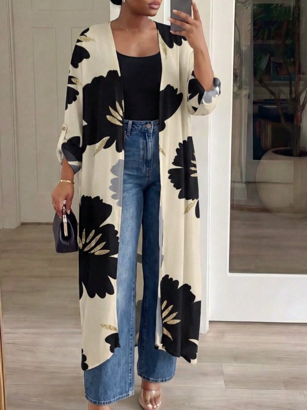 Multicolor Casual Women's Semi-Sheer Floral Kimono Coat Midi Cardigan